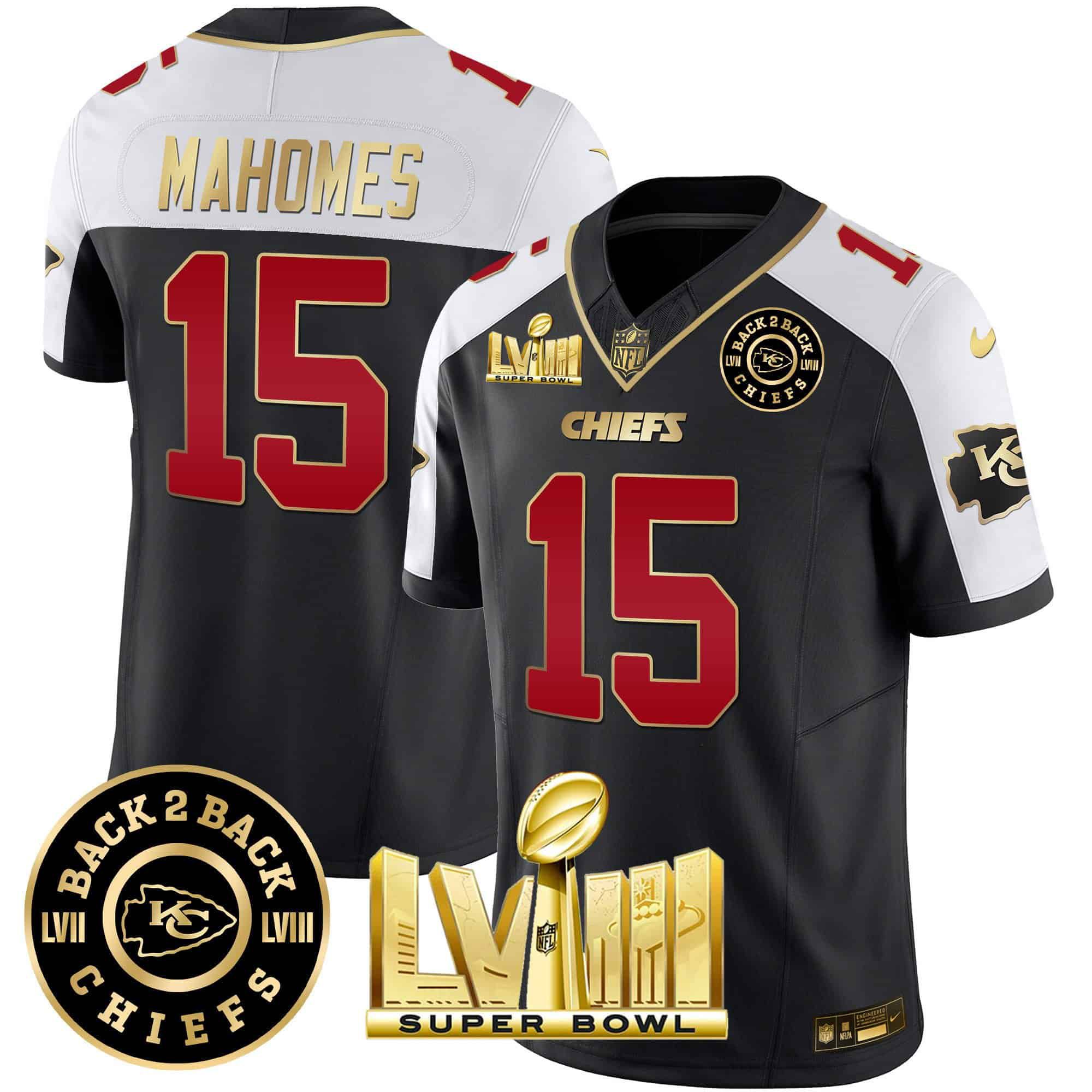 Men Kansas City Chiefs 15 Mahomes Black 2024 Nike Super Bowl LVIII & Back 2 Back Patch Vapor NFL Jersey